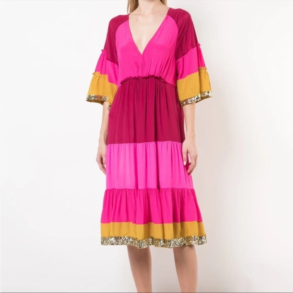 NWT Figue  Silk Crepe Colorblock Gold Sequin  Trim Midi Dress Bohemian Gypsy - Picture 2 of 16